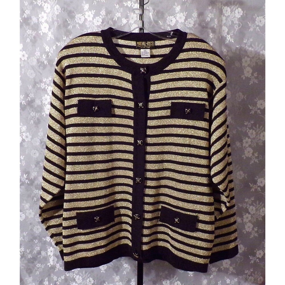 Vintage 90s Gold Black Metallic Striped Cardigan Sweater Glam Vegas Party Size L